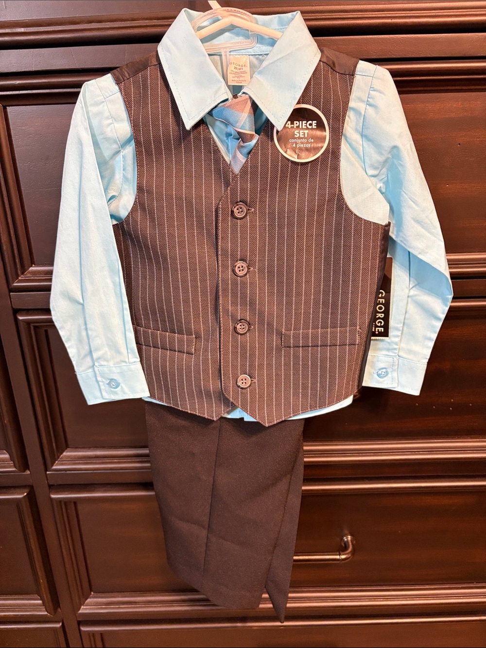 George Boys' Brown Pinstripe Vest Set with Light Blue Shirt and Tie